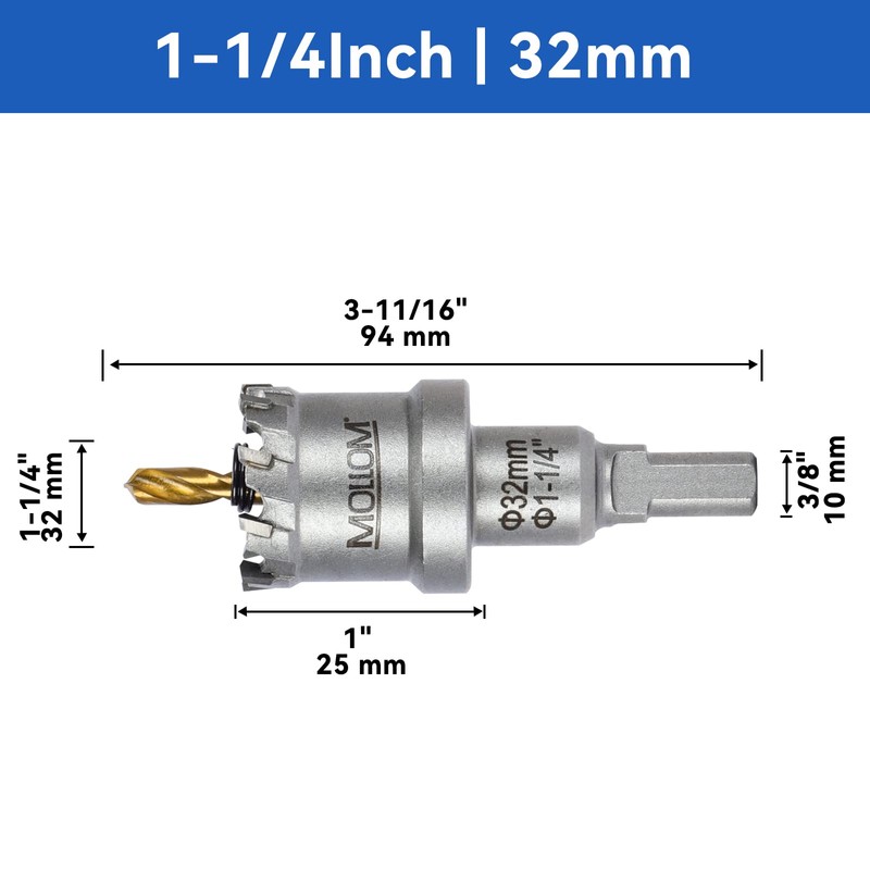 Mollom (1-1/4''|32mm) Heavy Duty Carbide Hole Saw with 2 Pilot