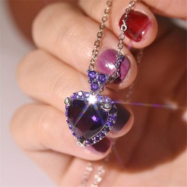 Platinum Plated Purple Cubic Zirconia Pave Purple Heart Necklace Crystal Pendant Birthstone Necklaces for Her Y1069