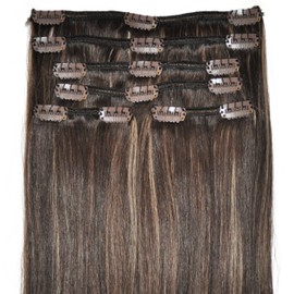 Luxury, FULL HEAD, Real Clip-in Hair Extensions - 100% Remy, Triple Weft, Thick Human Hair, (18 inches in length, 140g, 4/18 - Dark Brown, Brunette, Golden Blonde Highlights)