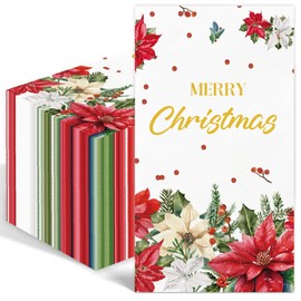 100PCS Christmas Napkins Disposable Poinsettia Flower Paper Napkins 3 Ply Decorative Paper Hand Towels for Bathroom Xmas Red Poinsettia Berry Guest Napkins for Winter Holiday Christmas Cocktail Party