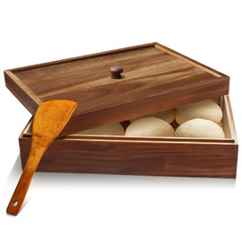 Wooden Pizza Dough Proofing Box with Spatula, 16'' x 12'' Fits 6 Dough Balls Proofing, Handmade from Natural Acacia Wood, Bread Dough Fermentation Storage Container for Home & Bakery with Handle