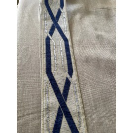 Unbranded 3.5” Navy Blue Chenille w/ Beige Background & Off -White Pillow Curtain Trim