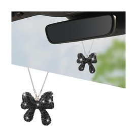 Norkmdi Bling Car Rear View Mirror Hanging Ornament, Crystal Rhinestone Cute Bow Vehicle Rearview Mirror Pendant for Women Girl, Auto Interior Decor Accessories, Universal Fit (Black)