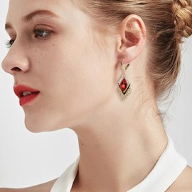 JeanBeau Gold Red Rectangle Crystal Dangle Drop Hoop Earrings for Women,Vintage Statement Rhinestone Small Circle Dangling Huggie Earing Valentine Prom Fashion Jewelry Gift.