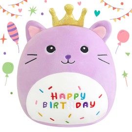 SQEQE Happy Birthday Stuffed Animal 10" Cat Soft Toys with Crown Cute Plush Pillow Cat Plush Toy for Kid Girl Boy Purple 25CM