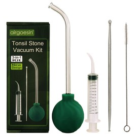 Airgoesin 3-In-1 Tonsil Stone Removal Remover Kit, Tonsil Stone Vacuum Suction Kit, Long Tonsil Stone Stainless Steel Pick 18cm/ 7” with Protection Cap, Curved Oral Irrigation Syringe 12ml with Scale