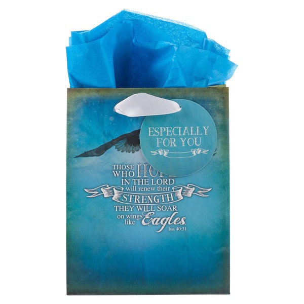 Christian Art Gifts Gift Bag with Tissue Paper: On Wings Like Eagles - Isaiah 40:31 Inspirational Bible Verse, Blue, Small