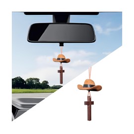 Zpana Cowboy Hat Car Hanging Charm with Cross, Felt Miniature Western Country Vehicle Rear View Mirror Pendant, Cute Mirror Decor Ornament, Universal Automotive Interior Accessories (Coffee)