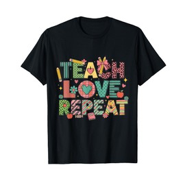 Teach Love Repeat Cute Teacher Squad Back to School Rainbow T-Shirt