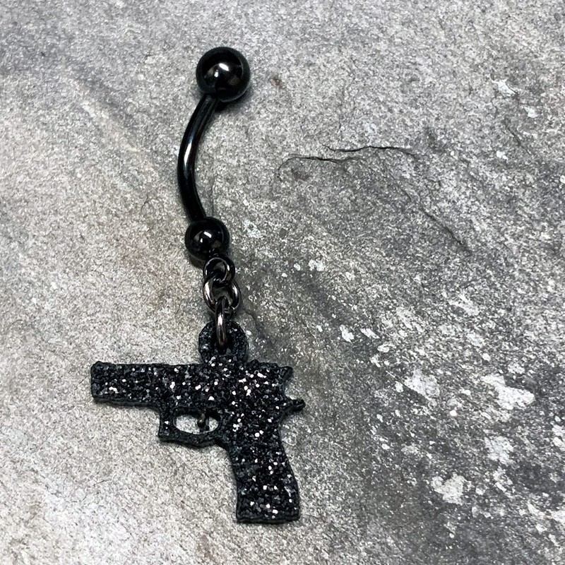 Body Candy Black Glitter Gun Dangle Belly Button Ring