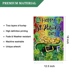 Happy St Patricks Day Garden Flag 12.5 x 18 Inch Lucky Shamrock Clovers Decorative Double Sided Flag for Farmhouse Yard Outdoor Holiday Decor