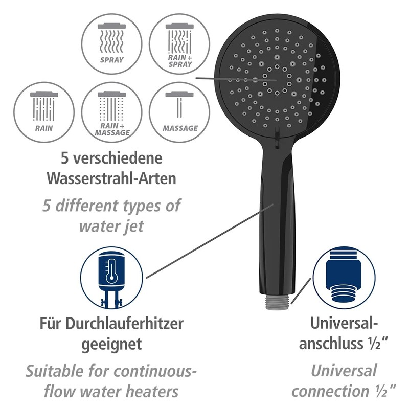 WENKO Young Black Shower Head - Universal Shower Head with