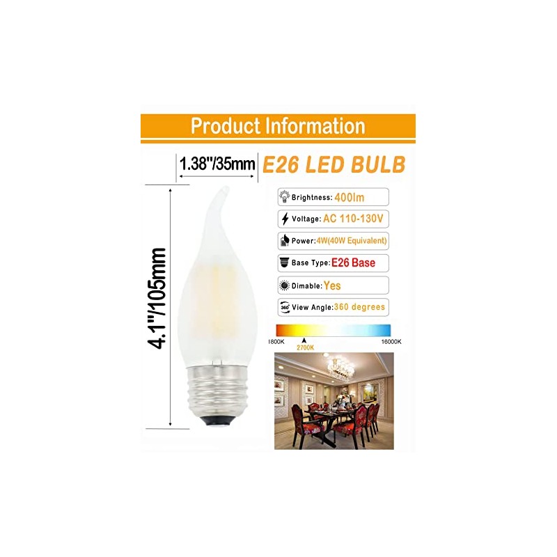 Lamsky Chandelier LED Light Bulbs 40W Equivalent E26 Base,Dimmable 4W