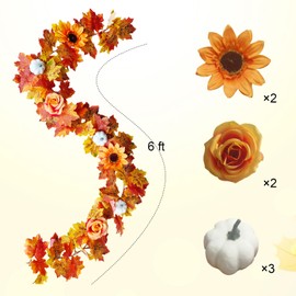 Fall Decor, Fall Decorations for Home Indoor, Fall Garland for Mantle, 6 Ft Fall Leaves Garland with Sunflowers Pumpkin Thanksgiving Table Decor, Fall Maple Leaf Harvest Autumn Garland