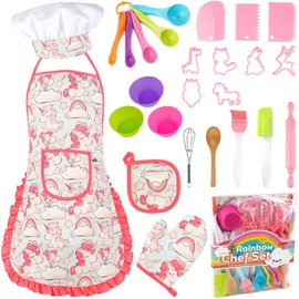Juego Completo de Cocina y Horneado para Niños,25 Piezas Juego de Chef Niños,Delantales para Niñas,Gorro de Chef,Manopla y Utensilio para Disfrazarse de Chef,Regalos de Navidad para Niñas y Niños