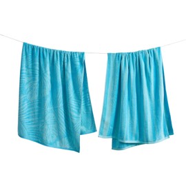 Great Bay Home 100% Cotton Beach Towels | 2 Pack of 30 x 60" Blue Pool Towels for Adults and Kids | Absorbent & Quick Dry Towels (Turquoise/Teal Palm Leaf & Stripe)