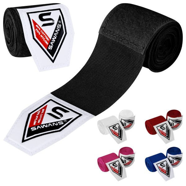 Boxing Hand Wraps Martial Arts Bandages Inner Gloves Punching MMA 2.5 3.5 4.5 Meter Wrist Support Straps Elasticated Training Bag Combat Sports under Hand Knuckles Protection Mitts (2.5 M, Black)