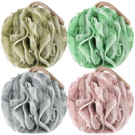 Loofah Sponge Pack of 4, Deep Cleansing Body Scrubber for Shower, Exfoliating Bath Sponge with Handle for Women and Men (001, 50g)