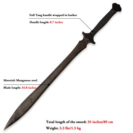 SV 0167 Handmade cast Manganese Steel 52HRC European Style Sword Sharp Machete, Full Tang, Outdoor, Hunting, Camping, Hiking, Survival, Leather Sheath, 35 inches