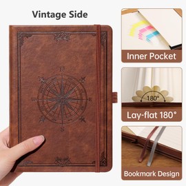 AUTEMPO A5 Notebook Leather Hardcover in Compass Pattern Design, 320 Pages Journal Book, 100 gsm Diary, 14.5 x 21 cm, The Perfect Gift for Family and Friends (Brown Lined)