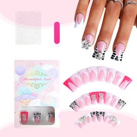 24Pcs Winter Acrylic Nails Press ons, GRITOSE Duck Press on Nails Long Fake Nails French Tip False Nails with Butterfly Rhinestone Designs Holiday Glue on Nails Reusable Stick on Nails for Women