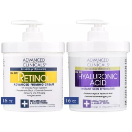 Advanced Clinicals Hyaluronic Acid Retinol Cream 16 Ounce Anti Aging Face Body Moisturizer 2 Pack
