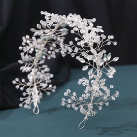 Hanfluenve Pearl Crystal Headpiece for Girls Princess Headband Trendy Leaf Tiara Bridesmaid Rhinestone Crown Fairy Dress Woman Hair Accessory for Wedding Engagement (silver2)