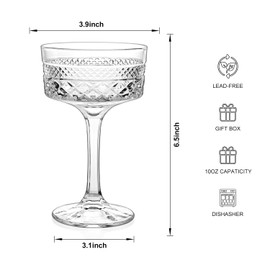 6 Pcs Ribbed Coupe Glasses, 10 oz Vintage Cocktail Coupe Glasses Set, Unique Martini Glass, Classic Cocktail Galssware, Bar Drinking Glasses Set Pefect for Cocktail, Wine, Champagne & Gift