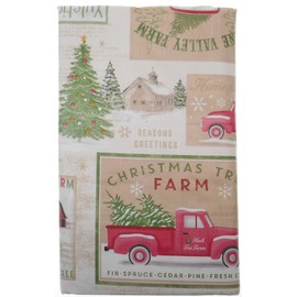 The Happy Holiday Christmas Tree Farms' Signs Fresh Christmas Trees Vinyl Tablecloth Flannel Backing Red Pick up Trucks Hauling Trees Presents (52" x 70" Oblong)