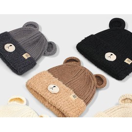 Crochet Beanie Bear Ear Cute Shape Knitted Hats Warm Plush Slouchy Winter Hat Skin-Friendly Fuzzy Animal Skull Cap Grey