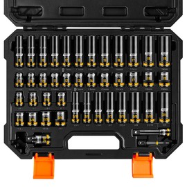 BOEN Pro 3/8" Drive Impact Socket Set, 43-Piece SAE(5/16"-3/4") & Metric(8-19mm) set, 6-Point Deep & Shallow Kit with Deep Embossed and Painted Marking, CR-MO, Includes Extension Bar, Universal Joint