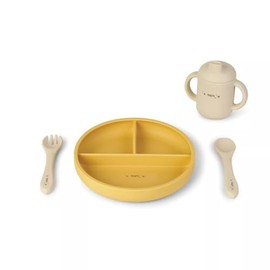 SARO "Food & Fun" 3-Piece Baby Feeding Set: Suction Plate, Spill-Proof Cup & Ergonomic Utensils for Self-Feeding (Mustard + Sand)