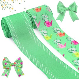 Spring Garden Easter Ribbon Wired Edge Floral Watering Can Ribbon for Wreath Bows Gift Wrapping DIY Crafts Easter Wedding Party Decoration 2 Rolls 2.5 Inch × 5 Yards
