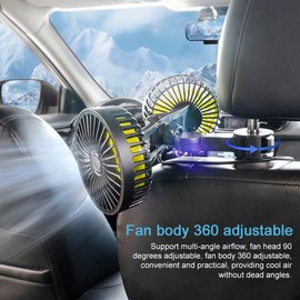 Shkalacar Car Fan, Rear Seat Dual Head Car Electric Fan Clip Mount USB Power Cooling Fan 360° Rotation Support, 3 Levels of Wind Speed Adjustable, Easy Installation for Car, Truck, Van, SUV, Off-Road