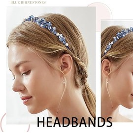 1PCS Crystal Blue Rhinestones Headbands Thin Hairbands for Women Girls Sparkly Diamond Hair Hoops Fashion Jeweled Head Bands (Blue, One size)