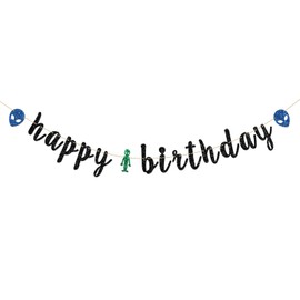 INNORU Alien Happy Birthday Banner, Outer Space UFO Theme Party Decorations, Children Boys Girls Birthday Party Banner, Alien Baby Shower Party Decor Supplies, Black Glitter