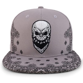 Trendy Apparel Shop Bandana de Calavera Bordada Snapback con Estampado de Cachemira, Gris, Large