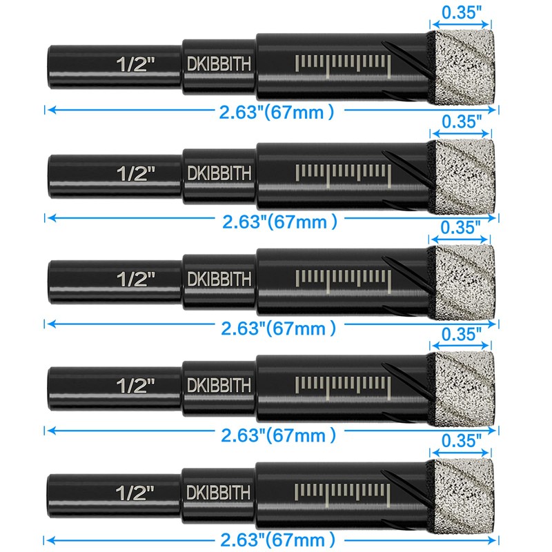 5-Pack 1/2" Diamond Core Drill Bits Set, 12mm Tile Drill