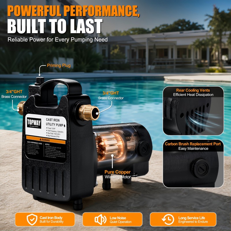 TOPWAY 1/2HP 1560GPH Portable Cast Iron High Pressure Utility Transfer
