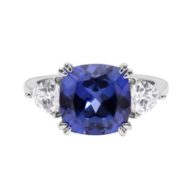 5.60 Cttw Lab-grown Blue Sapphire Statement Ring With Two Stones of White Sapphire 14k White Gold Over Silver Comes With Gift Box