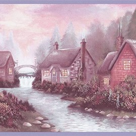 CONCORD WALLCOVERINGS ™ Wallpaper Border Country Pattern Homes Forest Nature River for Living Room Bedroom Dining Room, Pink Purple Grey Brown, 15 Feet by 7 Inches BP708135