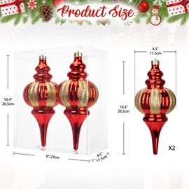 Hollyone 26x11cm Large Christmas Finial Bauble, 2PCS Red & Gold Xmas Ball for Christmas Tree Decorations, Glittery Stripe Baubles Giant Hanging Ornaments for Tree Decor, Wedding, Party, Wreath