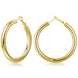 Minnario Gold Hoop Earrings 316L Stainless Steel 5mm Chunky Hoops 14K Gold Plated Hoop Earrings for Women 50mm
