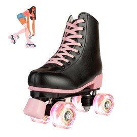 jessie Roller Skates for Girl and Women, PU Leather Flash Kids Roller Skates, Classic Adjustable Four-Wheel Beginner Girl Skates Roller Skates Girls Ages 8-12 for Indoor Outdoor (Flash Wheel 40)