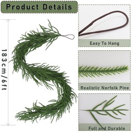 1pcs Christmas Norfolk Pine Garland, Real Touch Artificial Greenery Garland for Holiday Mantle Table Wall Fireplace Windows Indoor Outdoor Home Decorations(1, 6FT)