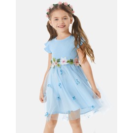 PATPAT Girl's Tulle Dress Tutu Party Birthday Poster Formal Fancy Flower Princess Dresses Blue 4-5 Years