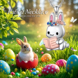 Flyow Easter Gifts Rabbit Necklace for Women 925 Sterling Silver Rabbit Reading Book Two Tone Pendant for Girls Animal Jewellery Birthday, Regular, Sterling Silver, Cubic Zirconia