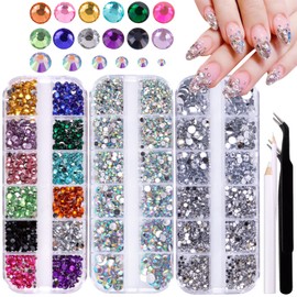 GZMAYUEN Rhinestones Nail Set, Multicoloured Glitter Stones for Nails, Silver + AB Nail Rhinestones for Nail Art, with Pick Up Tweezers and Rhinestone Picking Pen