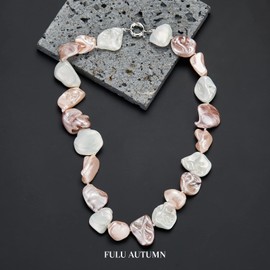 Pearl Choker Necklace for Women Boho Beaded Statement Necklace with Black White Large Freshwater Pearls Silver Fashion Jewelry Gift(White pink)