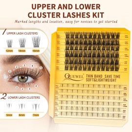 QUEWEL Cluster-Lashes Kit Upper and Lower Eyelash Clusters with Long Lasting Lash-Clusters Bond, DIY Lash -Extensions Can Be Completed In Three Steps, and Can Easily Create Big Eye Effects(Easy01 MIX)